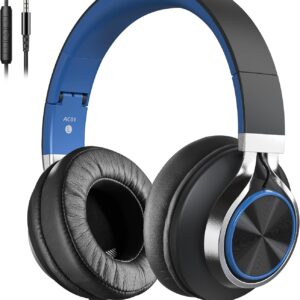 AC01 Over-Ear Headphones Wired with Mic Volume Control, Black Blue